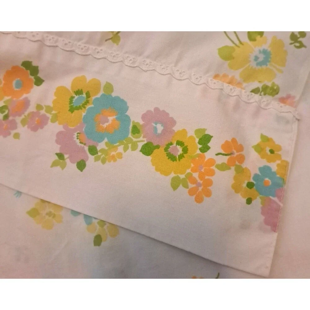 Vintage Full Flat Sheet Orange Blue Floral Eyelet Lace Percale JC Penney Cottage
